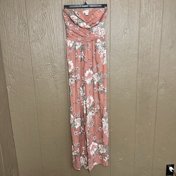 Band of Gypsies Mauve Pink Floral Strapless Jumpsuit Size XS Wide Leg Pockets - Picture 1 of 7